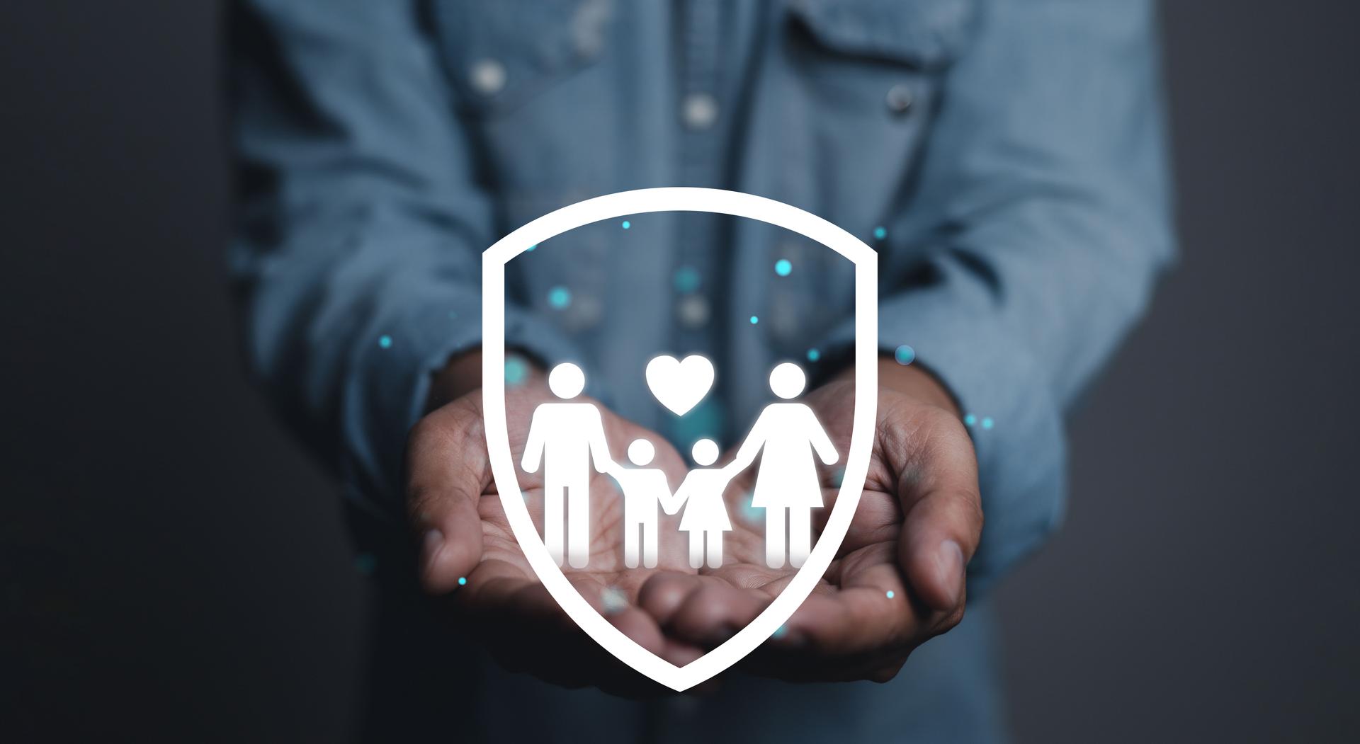 Human hand with family love care and holding shield guard protective gesture family, life, health, insurance, safe, real estate, support, insurance company, hospital, policy, life  concept.