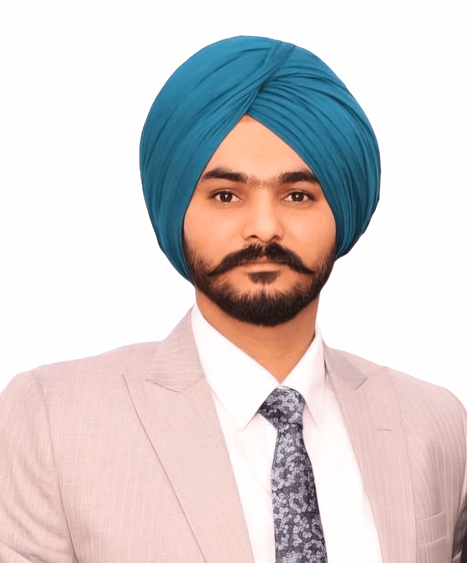 Man in a beige suit and blue turban with a patterned tie on a plain background.